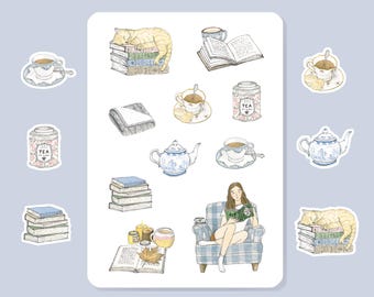 Stickervel. "Thee & boeken", scrapbooking, bullet journal, dagboek, planner