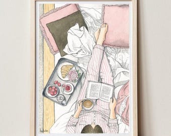 Frühstück im Bett – Kunstdruck | Aquarellillustration | Gemütlicher Morgendruck | Gemütliche Wanddekoration | Druckillustration |