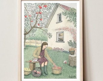 May include: A framed watercolor print depicts a person in a garden gathering apples. The scene includes a white house, apple tree, and baskets of apples. The artwork is in a light wood frame.