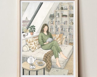 May include: Watercolor illustration of a person reading on a sofa in a cozy room. The person is wearing a green outfit and is surrounded by books, pillows, and a small table with tea and cookies. The artwork is framed in a light wood frame.