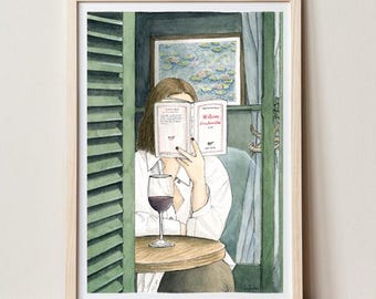 Lámina de arte. Lámina artística de un café parisino leyendo: mujer con libro y vino, arte de pared acogedor para lectores, ilustración de un café francés, regalo para amantes de los libros.