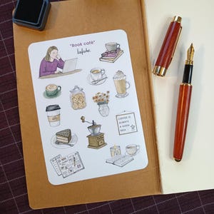 Foglio di stickers. "Book cafè", scrapbooking, bullet journal, diario, planner, illustrazioni ad acquerello. Coffee lover. Coffee shop