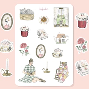 Sticker sheet. "Cottagecore romance," scrapbooking, bullet journal, diary, planner, watercolor illustrations.