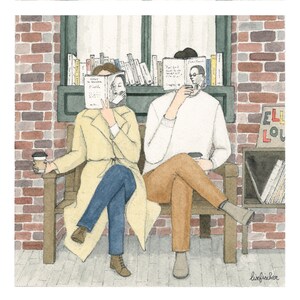 Kunstdruck „Buchliebhaber“. Aquarellillustration. Paar. Buchliebhaber.