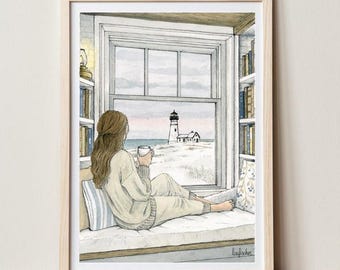 Kunstdruck. Leuchtturm-Motiv an der Küste – Illustration für eine gemütliche Leseecke am Fenster, Wandbild mit Meeresblick, Dekoration für ein hygge-freundliches Zuhause.