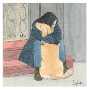 Kunstdruck. „Eine Umarmung.“ Hundeliebhaber. Mein Hund. Mädchen- und Hundeillustration. Aquarellillustration. Wohnkultur.