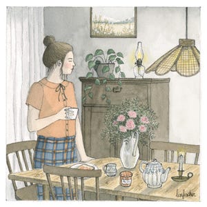 Kunstdruck. „Frühstück im Morgenlicht“. Aquarellillustration. Wohnkultur. Cottagecore
