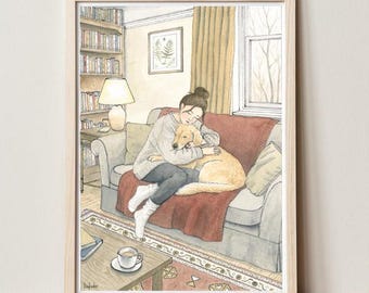 Kunstprint. Gezellige print van een hond en een meisje | Aquarel illustratie | Cadeau voor hondenliefhebbers | Muurdecoratie voor hondenmoeders | Gezellige woondecoratie