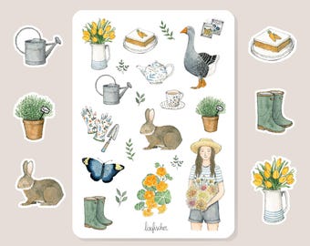 Tuinieren. Stickervel. Scrapbook, bullet journal, dagboek, stickers.