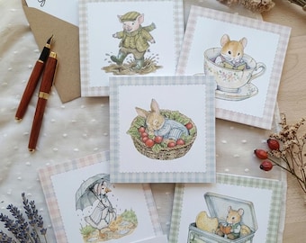 Juego de tarjetas de felicitación Cuentos del Campo – Tarjetas ilustradas con animales acogedores, papelería estilo cottagecore, ratón, conejo y ganso, juego de tarjetas de cuentos.