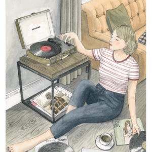 Kunstdruck, limitierte Auflage. "Vinyl". Aquarellillustration.  Musikliebhaber. Plattenspieler. Drehscheibe. Wohnkultur.