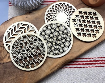 Geometric Wood Coaster Set of 5,Geometric Coasters,Drink Coasters,Wooden Coasters,Coaster Set,Laser Cut Decor,Housewarming Gift,Office Gifts