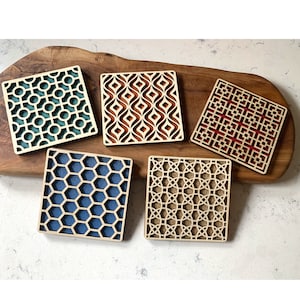 Mix & Match Set of 5 Square Geometric Coasters,Geometric,New Home Gift,Unique Gift,Coaster Set,Wood Coasters,Drink Coaster,Housewarming Gift