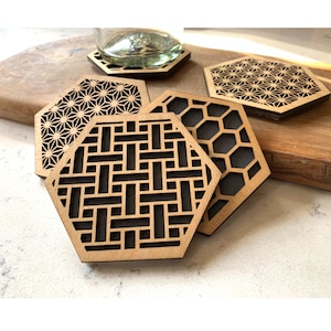 Geometric Coasters & Trivets | Select-Your-Size | New Home Gift | Unique Wooden Drink Coasters and Trivet