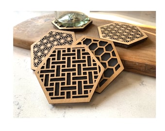 Geometric Coasters & Trivets | Select-Your-Size | New Home Gift | Unique Wooden Drink Coasters and Trivet