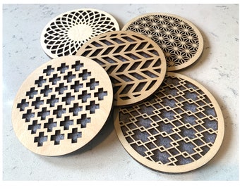 Gray Felt and Baltic Birch Geometric Coaster Set (of 5) | Unique Coaster Set