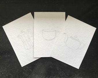 Kartenset, Postkarte Kaffe, Grußkarte Tee, Postkarte zum Einpflanzen, Postkarte mit Blumensamen, Nachhaltige Postkarte, Samenpapier