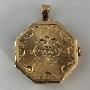 14K Gold Small Octagon Locket  with Floral Design and Scrollwork Engraving