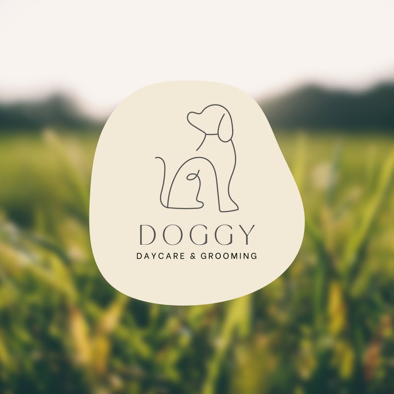 May include: A beige circle with a line drawing of a dog sitting. The text "Doggy Daycare & Grooming" is below the dog.