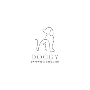 May include: Line art logo of a dog sitting with the text "Doggy Daycare & Grooming" below.