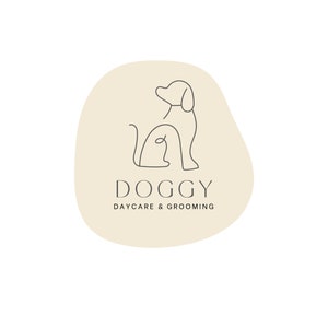 May include: A beige logo with a line drawing of a dog sitting. The text "Doggy Daycare & Grooming" is below the dog.