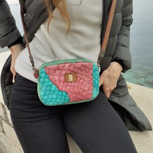 SMALL BAG genuine fish leather pink and turquoise unique handcrafted model
