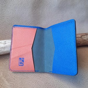 MINI WALLET in blue goat leather and colorado interior, unique handcrafted piece