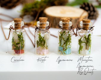 Bottle terrarium necklace with crystals | Tiny wearable terrarium | Crystal terrarium necklace | Moss terrarium in a bottle |  Fairy jewelry