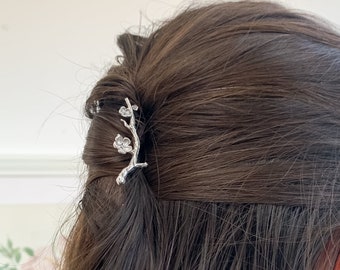 Pasador de pelo de plata con rama de árbol de flor de cerezo / horquilla de pelo de plata maciza / joyería de pelo de plata / pasador de pelo de novia / accesorios de pelo de plata