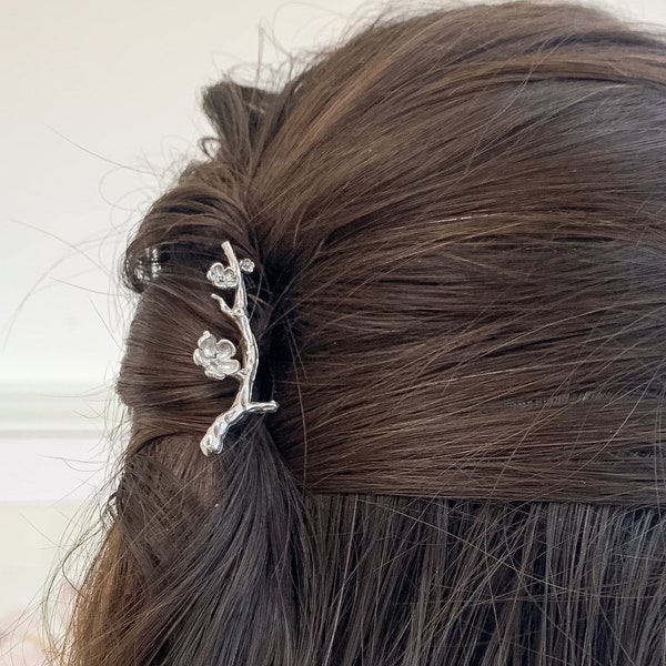 Silver hair pin with cherry blossom tree branch | Solid silver hair fork | Silver hair jewelry | Bridal hair pin | Silver hair accessories