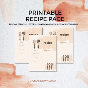 Recipe Page, US Letter, PDF, Recipe Printable, Recipe Template, Recipe Sheet,  Blank Recipe Book,  Printable Recipe, Instant Download