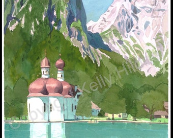 Königssee, St Bartholomew, German Alps Giclee Fine Art Print From Original Watercolor Painting 8x10 Matted to 11x14 inches