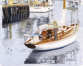 Santa Barbara Harbor Watercolor Fine Art Print, Sailboat and Coast Guard Boat, "Journey's End"