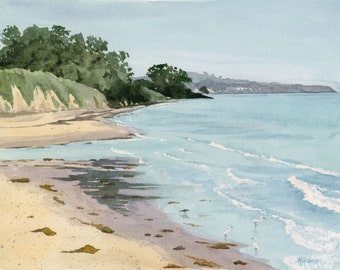 California Coast Beach Watercolor Fine Art Print, Wall Art Decor, 8x10, 11x14, 16x20 Giclée Print, "Goleta Beach with Birds"