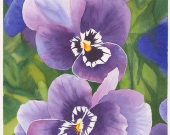 Watercolor Purple Pansies Giclée Fine Art Print, Wall Art Decor, 8x10, 11x14, 16x20 Print, Purple Pansies Painting