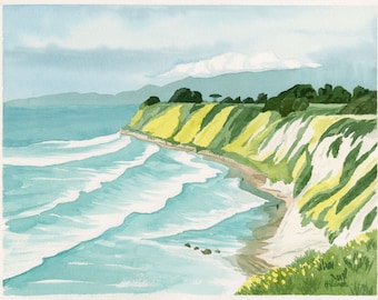 California Coast Watercolor Fine Art Print, Wall Art, "Elwood Coast Spring"