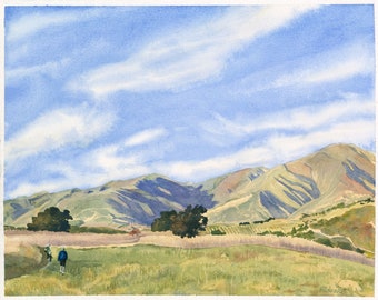 California Foothills Watercolor Fine Art Print, San Marcos Foothills Preserve Wall Art, "Foothills Hike"