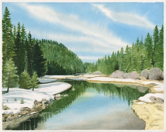 Truckee Winter Watercolor Painting, Winter Scene Fine Art Print