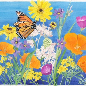 Monarch Butterfly with California Wildflowers Fine Art Print, Wildflower Monarch Butterfly Watercolor Painting Wall Art, "Monarch Garden"