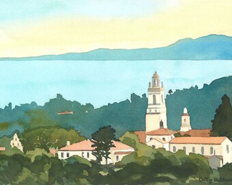 Santa Barbara Coastline Spanish Architecture Watercolor Artwork, Signed Painting, Wall Art, St Anthony's Santa Barbara, 9x12