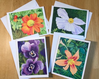 FLOWER NOTE CARDS Variety Set Of 4 Notecards Original Watercolors, Art Greeting Card Blank Card Set, Spring florals great for easter.