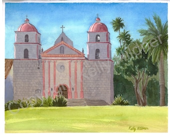 Santa Barbara Mission Giclee Fine Art Print From Original Watercolor Painting 8x10 Matted to 11x14 inches