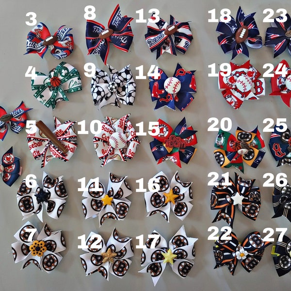 New England sports ribbon hair clips with button centers
