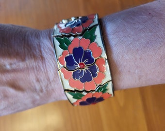 Enamel Floral Bangle Bracelet, Tropical Adjustable Cuff