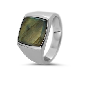 Anillo Sello De Plata De Ley 925 Con Piedra Larvikita Para Hombre: Joyería Moderna Vanguardista, Angular Y Pulida
