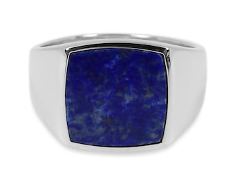 Men's Silver Signet Ring Lapis Lazuli 925 Sterling Silver Handmade Square Blue Stone Ring Minimalist Modern Jewelry Natural Gemstone