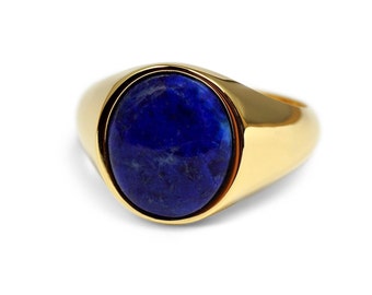 Men GOLD LAPIS Signet RING In 925 Sterling Silver: 18K Gold Plated With 2.5 Microns Gold Blue Gemstone Oval Modern Jewelry Gift For Men’s