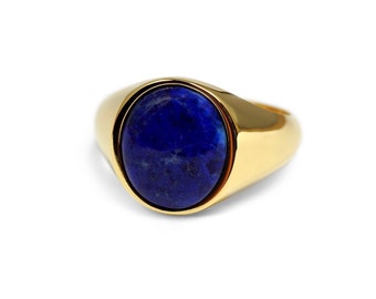 Men&#39;s Ring Gold Signet Ring Lapis Gemstone Blue 925 Sterling Silver 14k Gold Plated Oval Polished Modern | Men&#39;s Jewelry with Gift Box