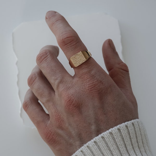 Bague sceau en or pour homme en argent sterling 925 plaqué or carré fait main massif minimaliste moderne bijoux pour homme avec boîte cadeau