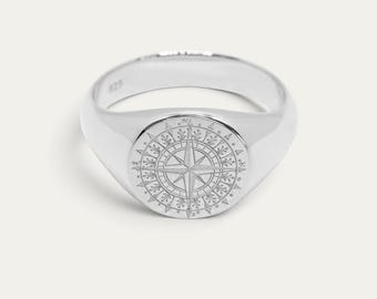 Men's Silver Compass Signet Ring 925 Sterling Silver Handmade Round Engraved Ring Minimalist Maritime Jewelry Gift For Him Traveler